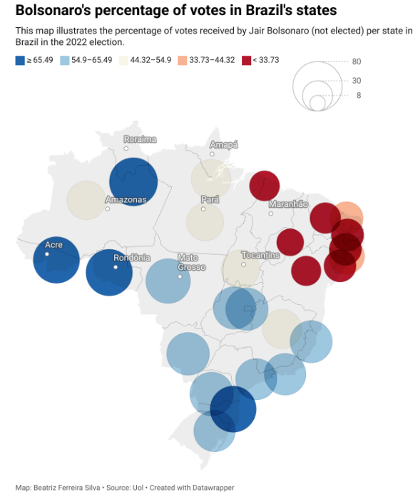 Figure 2. Bolsonaro’s percentage of votes in Brazil’s states [map]. Beatriz Ferreira Silva.
